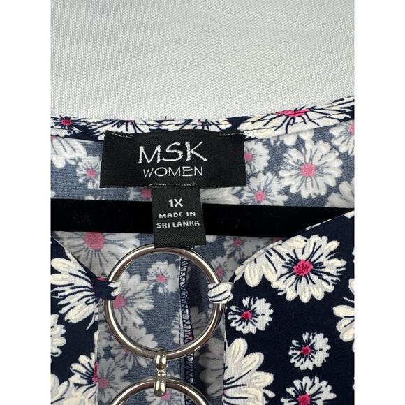 NWT MSK Women Navy 70s Style Floral Dress Size 1X – White & Pink Flower Print - Picture 3 of 5